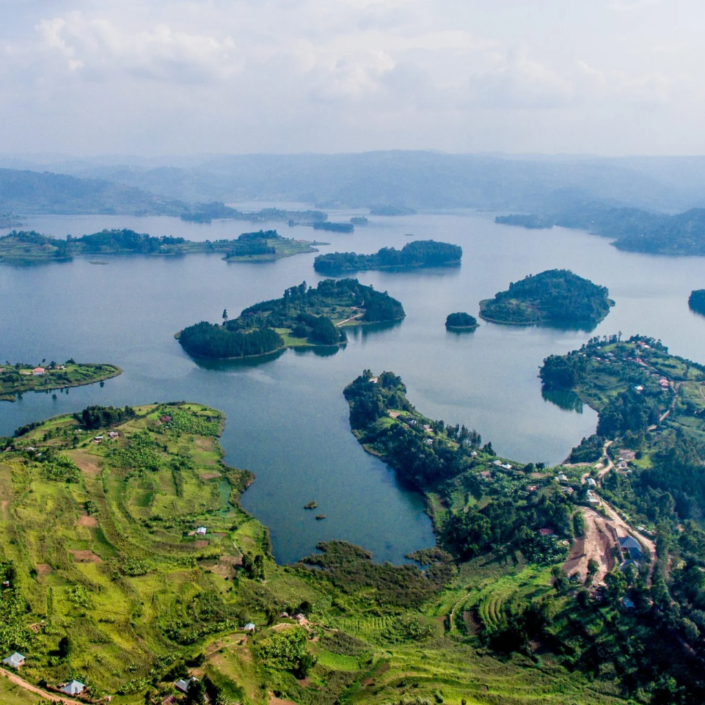 Aerial view of Lake Bunyonyi islands and terraced hills