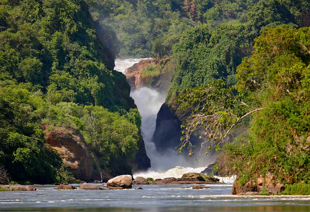 Murchison Falls thundering through its gorge, seen from the Nile