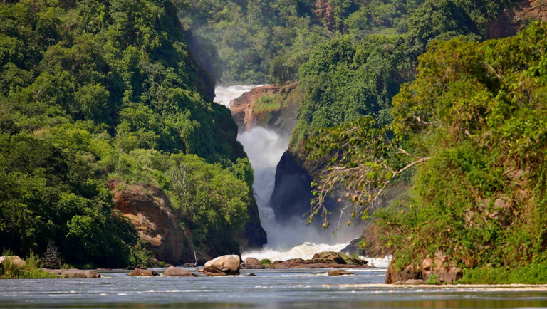 Murchison Falls thundering through its gorge, seen from the Nile