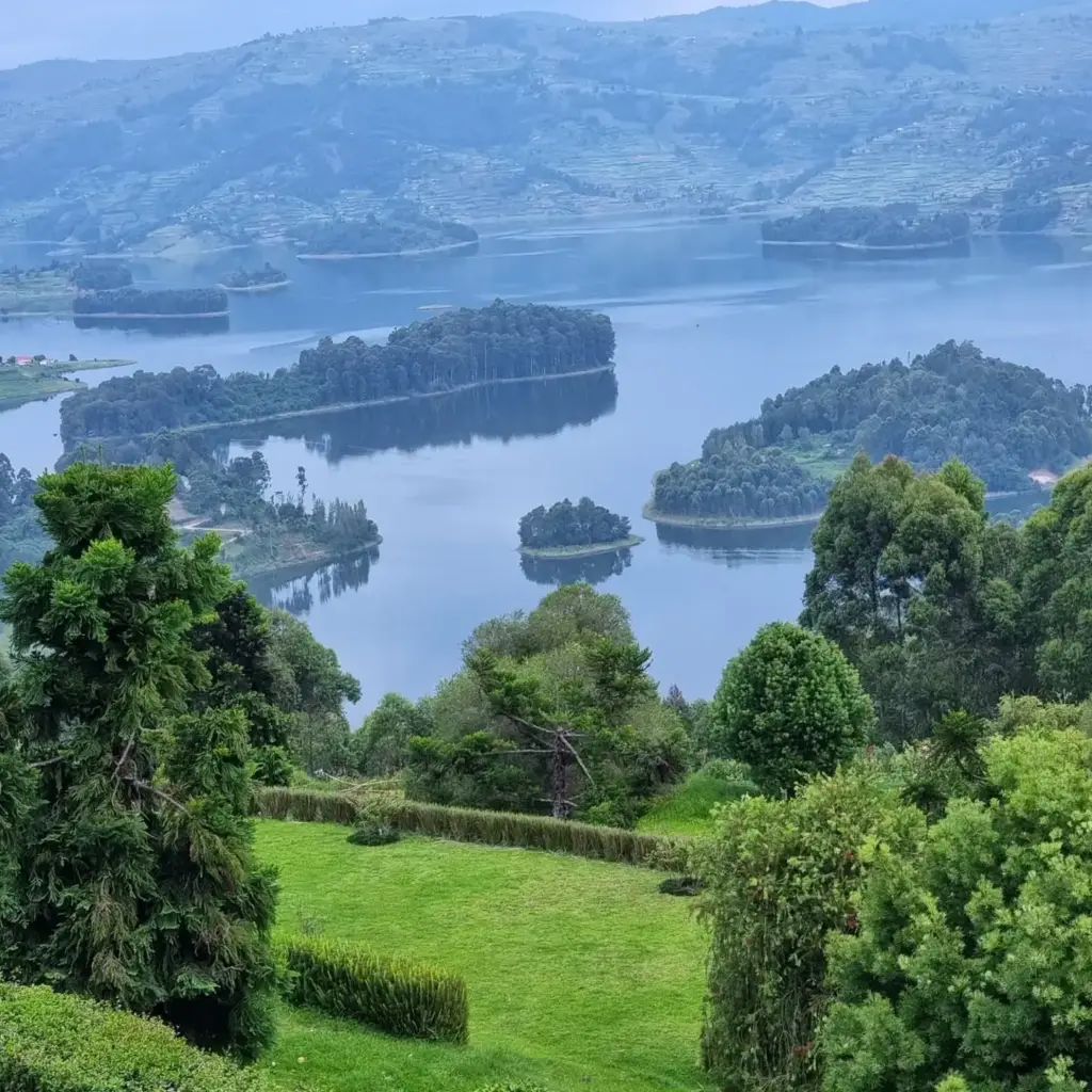 Forested islands on Lake Bunyonyi in south-western Uganda