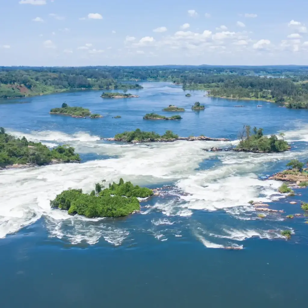 Aerial view of Nile rapids and islands near Jinja