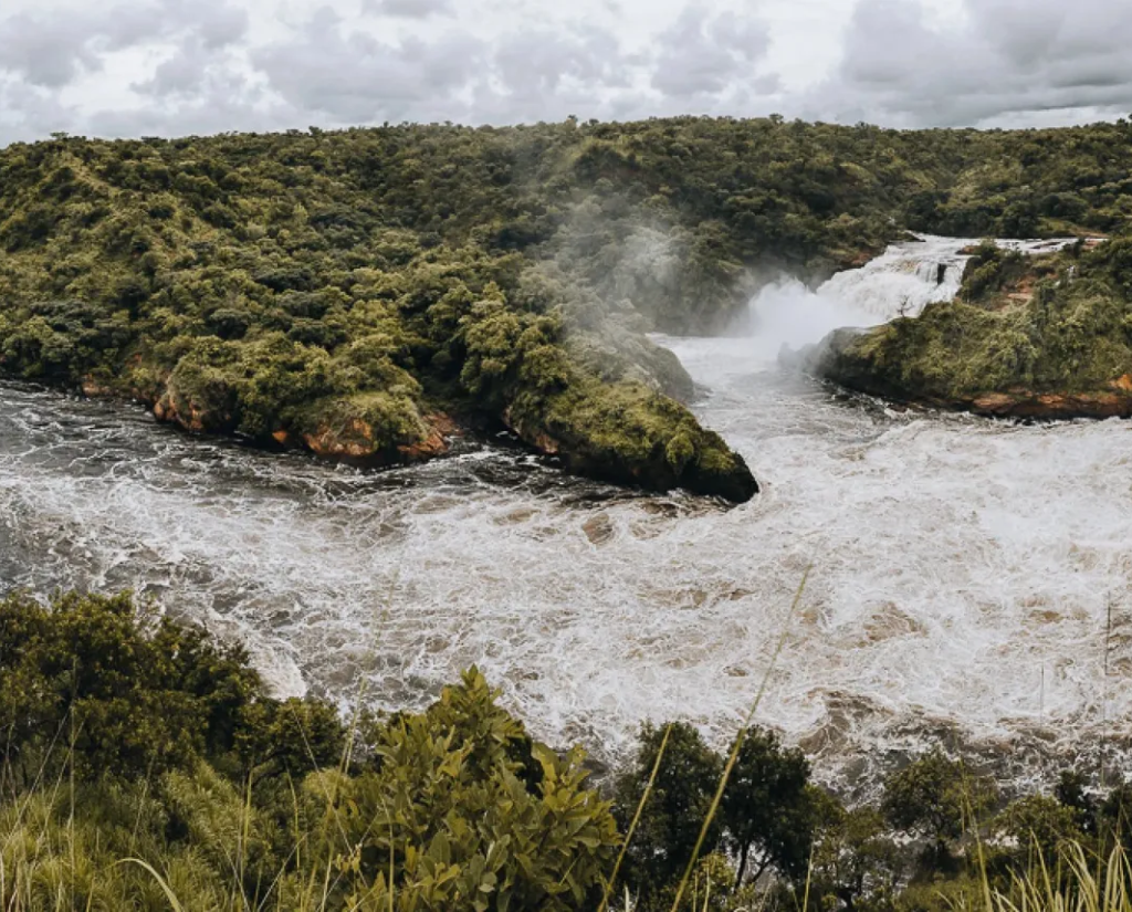 The Nile funnelling through Murchison Falls gorge, aerial view