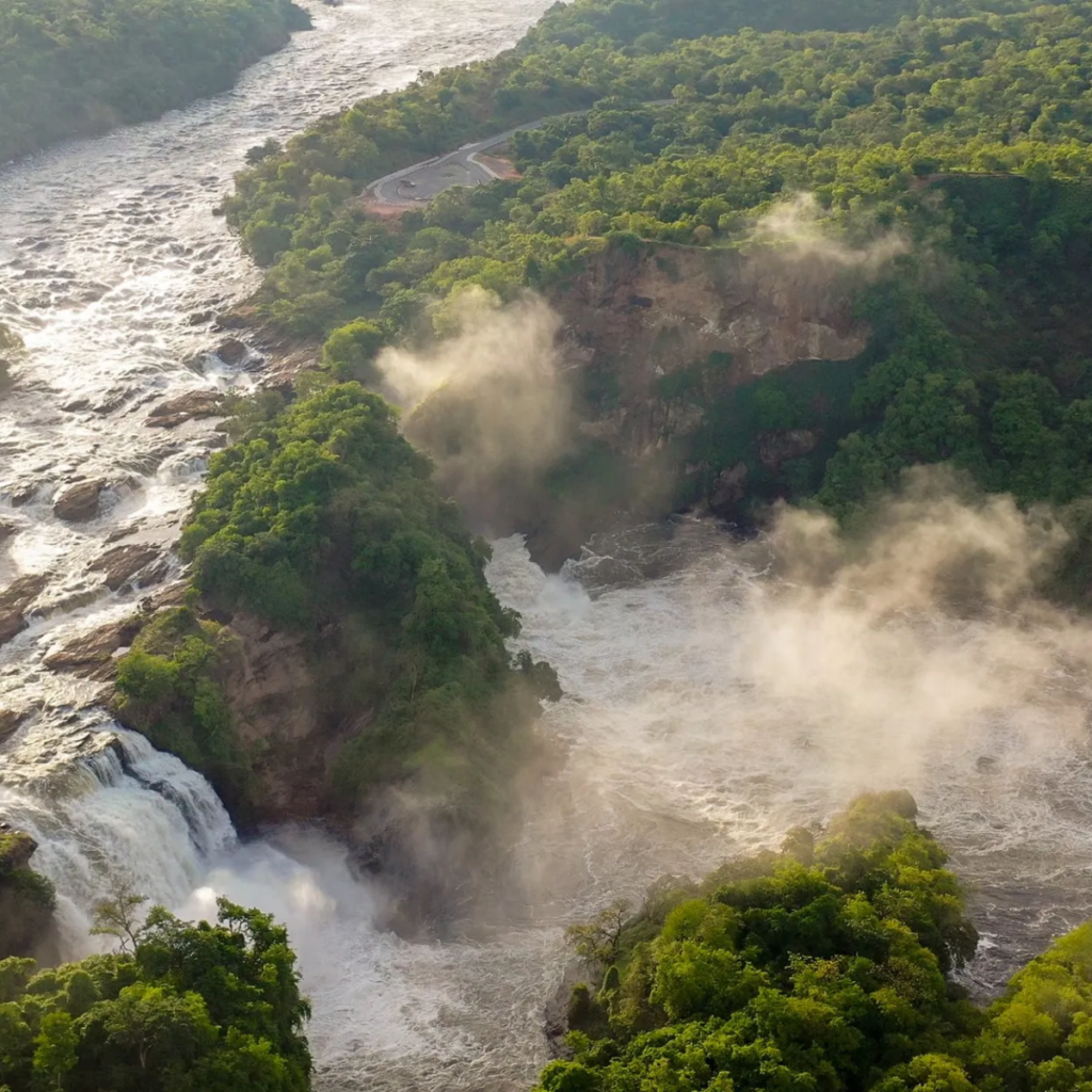 Aerial view of the Nile rushing through Murchison Falls