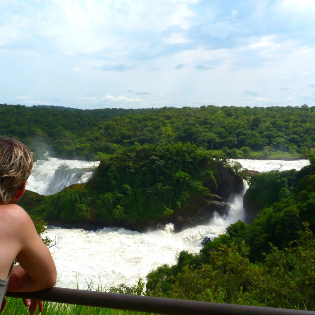 Three visitors at a railing overlooking a waterfall and green forest